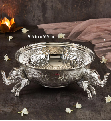 Silver Intricately Designed Uruli With Elephants
