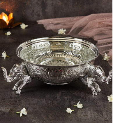 Silver Intricately Designed Uruli With Elephants