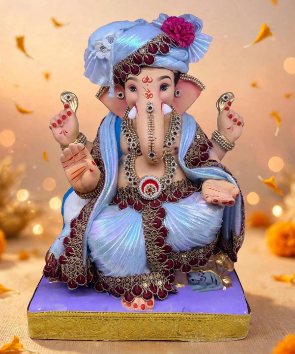 15 Inch Clay Ganesha Idol - Light Blue Peshwa Pagdi with Maroon Lace & Ruby Stone Work