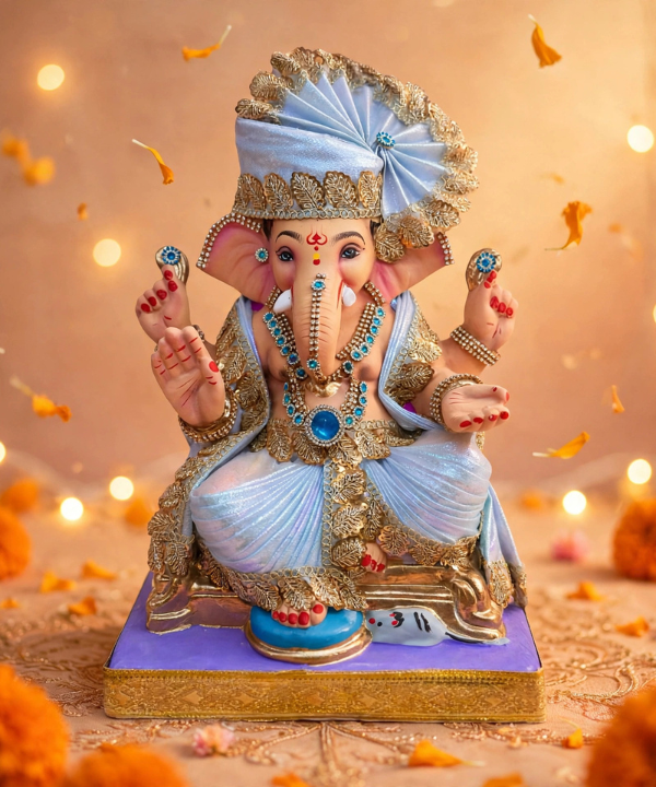 15 Inch Clay Ganesha Idol - White Peshwa Pagdi with Gold Leaf Lace & Blue Diamond Work