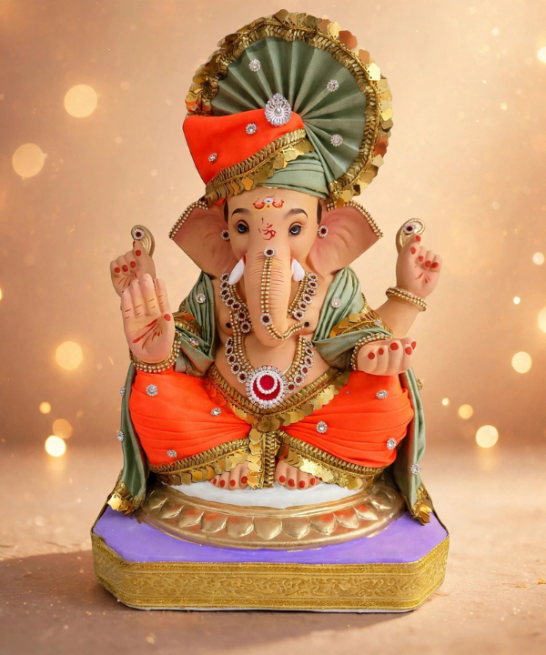 18 Inch Clay Ganesha Idol - Orange Dhoti