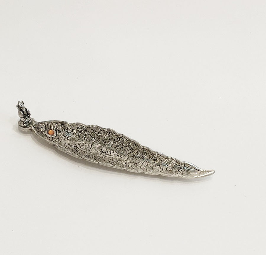 Leaf shaped silver finish Incense Stick Holder with Ganpati statue