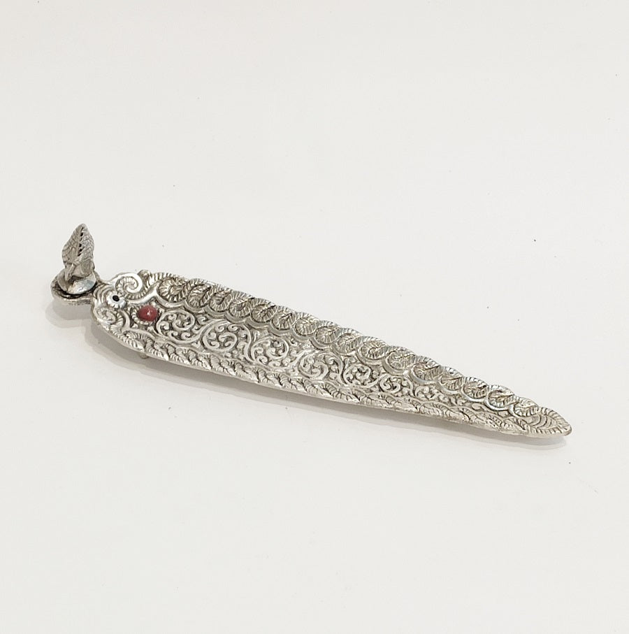 Leaf shaped silver finish Incense Stick Holder with Ganpati statue