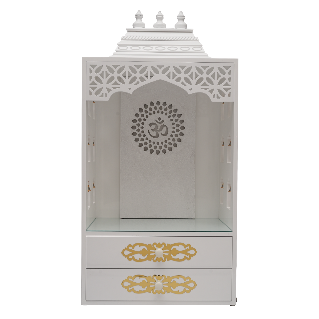 Elegant White Wooden Pooja Mandir with Side Bell Panels & Illuminated OM Back – Compact Temple for Home with Storage Drawers
