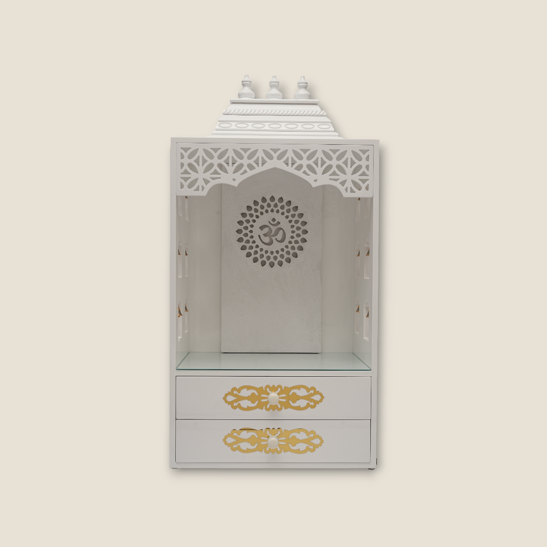 Elegant White Wooden Pooja Mandir with Side Bell Panels & Illuminated OM Back – Compact Temple for Home with Storage Drawers