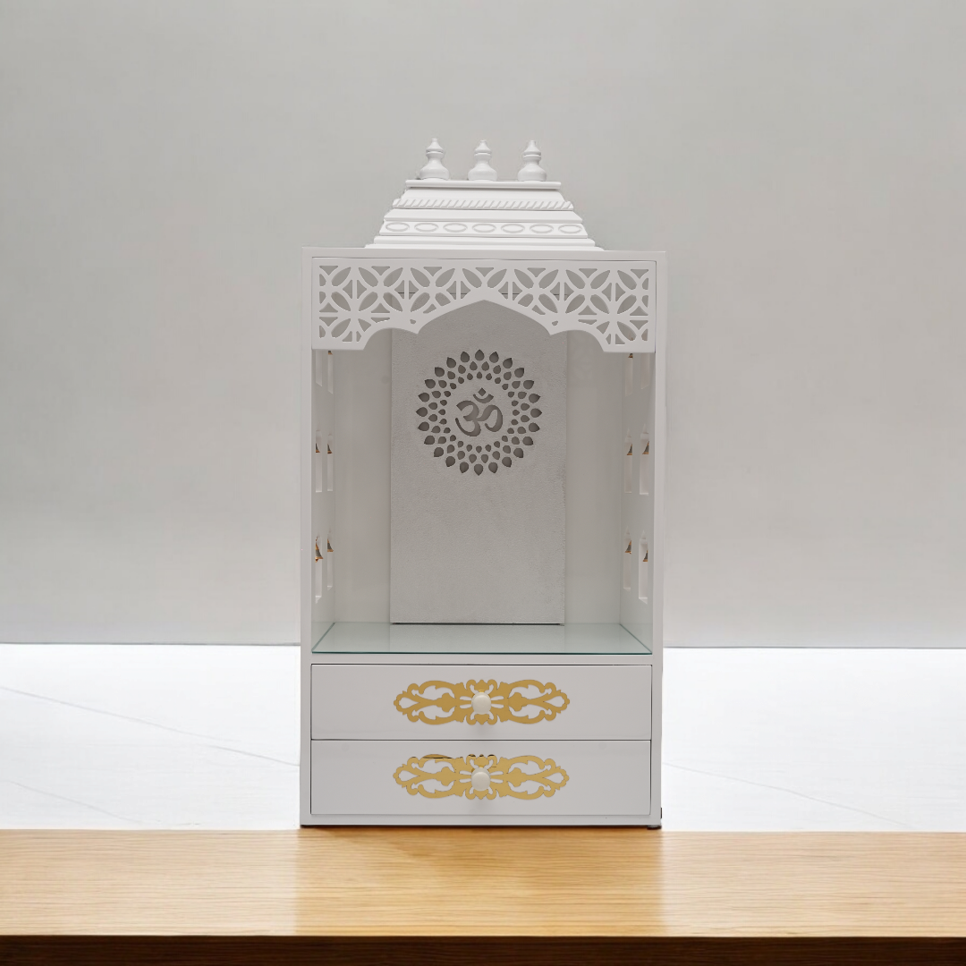 Elegant White Wooden Pooja Mandir with Side Bell Panels & Illuminated OM Back – Compact Temple for Home with Storage Drawers
