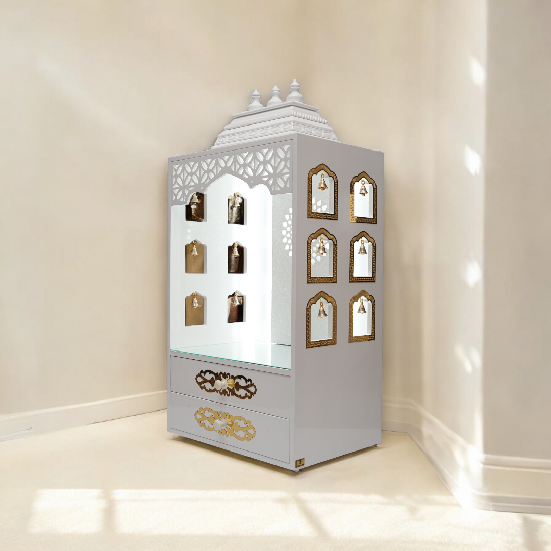 Elegant White Wooden Pooja Mandir with Side Bell Panels & Illuminated OM Back – Compact Temple for Home with Storage Drawers