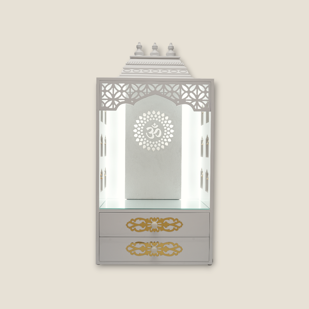 Elegant White Wooden Pooja Mandir with Side Bell Panels & Illuminated OM Back – Compact Temple for Home with Storage Drawers