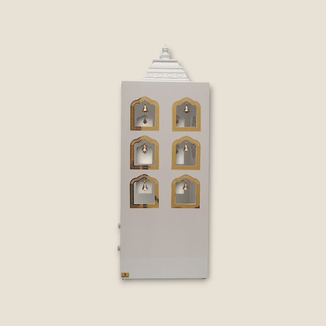 Elegant White Wooden Pooja Mandir with Side Bell Panels & Illuminated OM Back – Compact Temple for Home with Storage Drawers