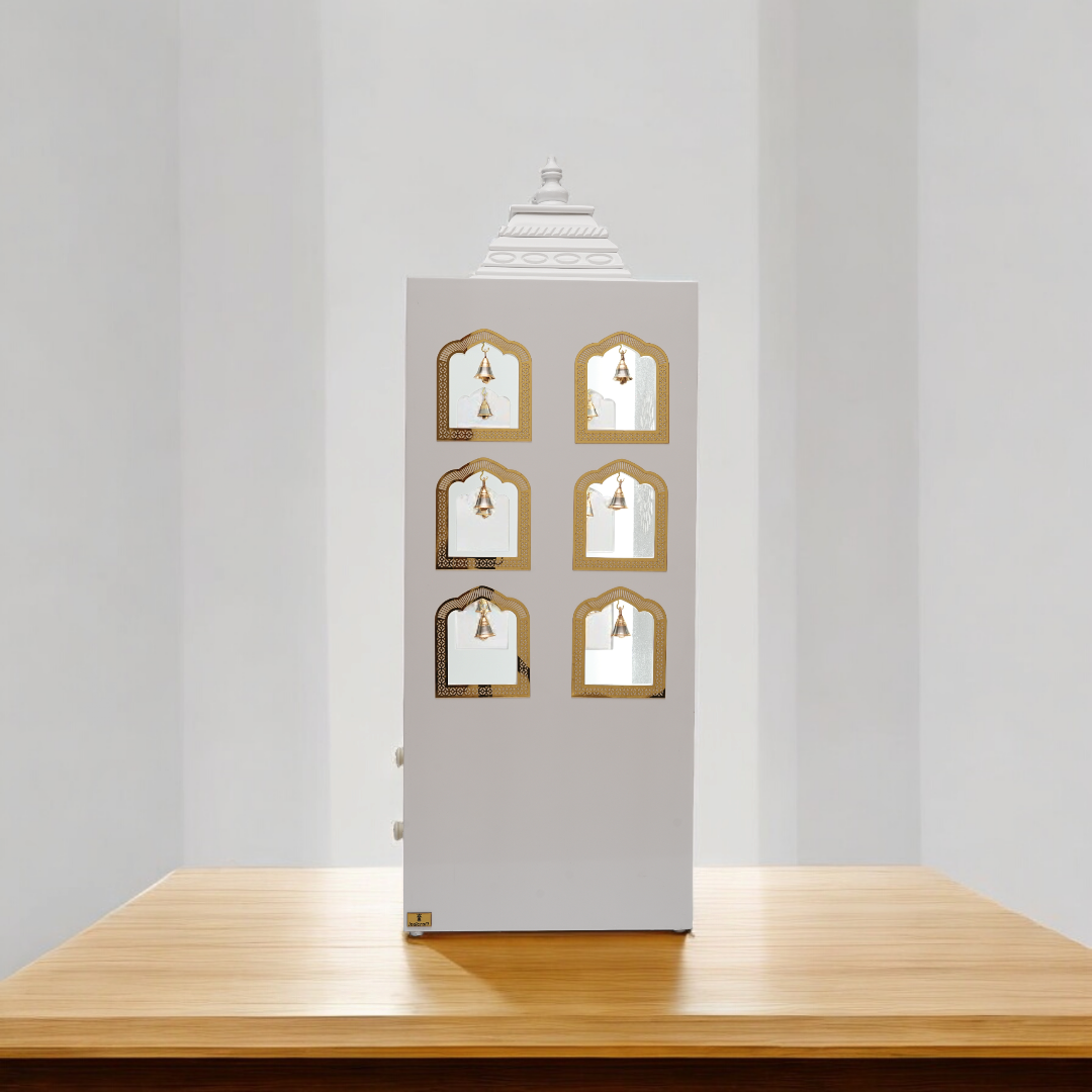 Elegant White Wooden Pooja Mandir with Side Bell Panels & Illuminated OM Back – Compact Temple for Home with Storage Drawers