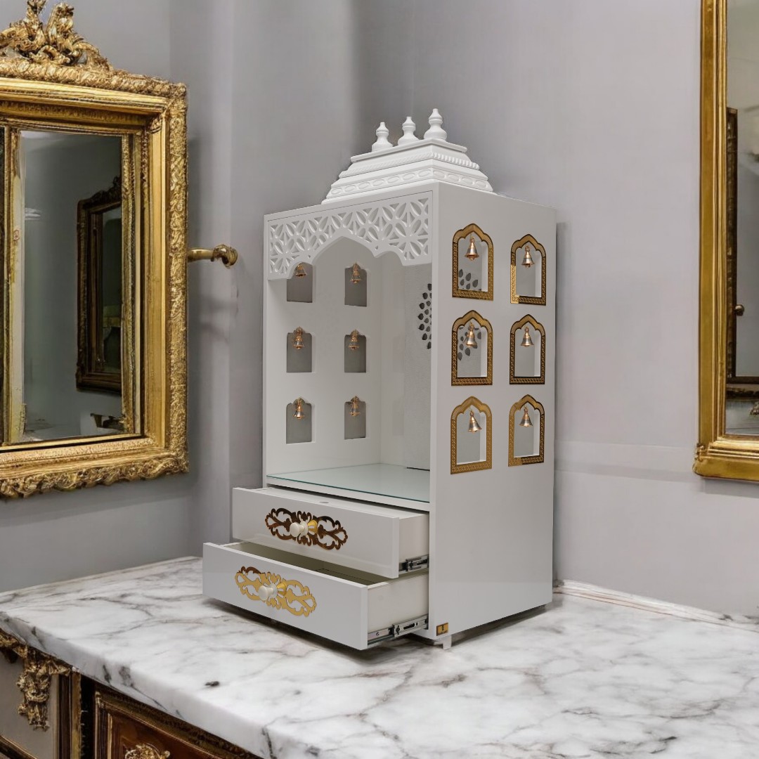 Elegant White Wooden Pooja Mandir with Side Bell Panels & Illuminated OM Back – Compact Temple for Home with Storage Drawers