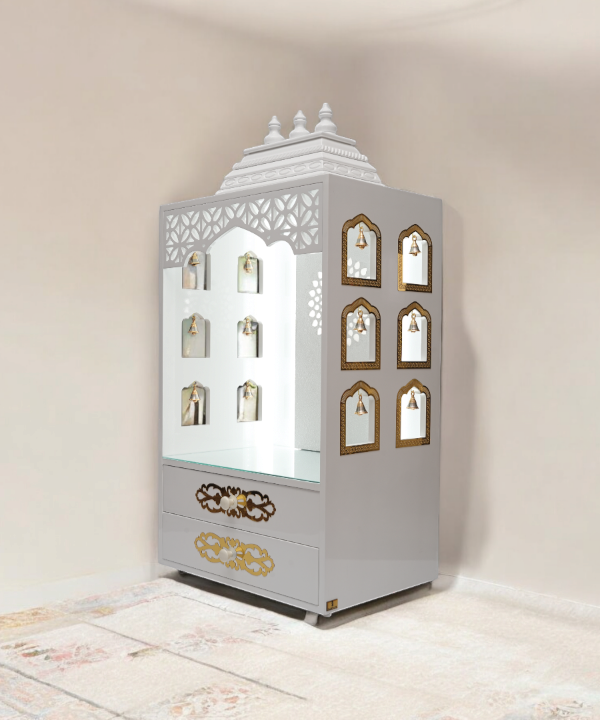 Elegant White Wooden Pooja Mandir with Side Bell Panels & Illuminated OM Back – Compact Temple for Home with Storage Drawers