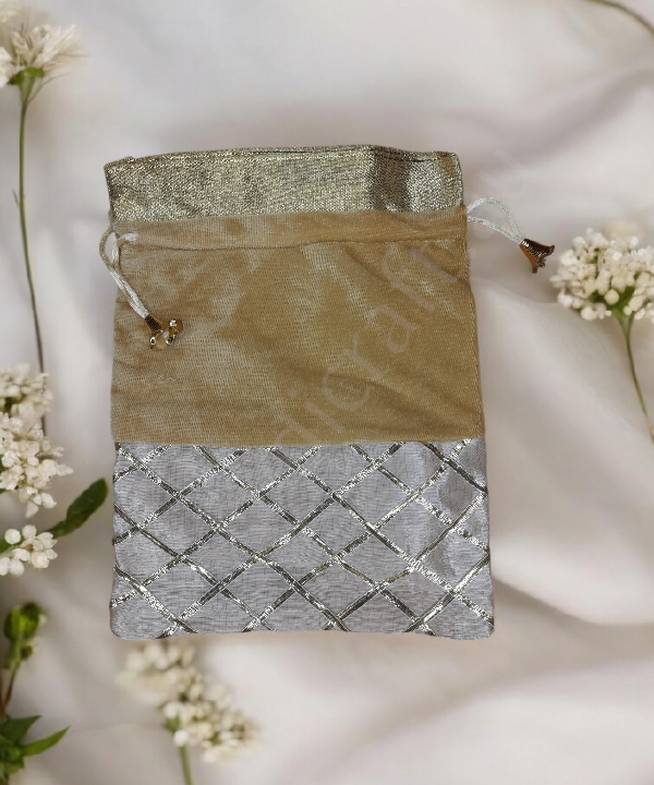 5 Pc Velvet Potli Gift Bag with Silver Grid Design,Drawstring Pouch for Return Gifts & Weddings