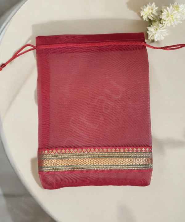 Ethnic Zari Border Organza Pouch Potli, Set of 5 Decorative Gift Bags Assorted Color