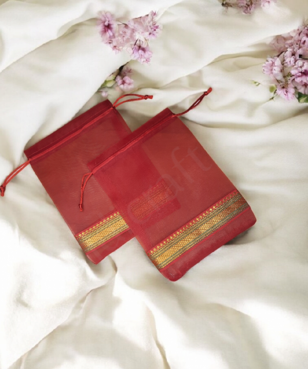 Ethnic Zari Border Organza Pouch Potli, Set of 5 Decorative Gift Bags Assorted Color