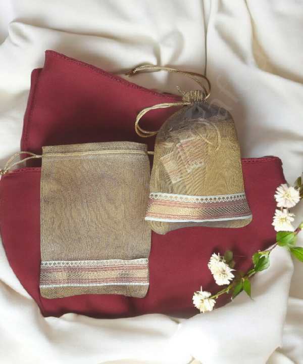 Ethnic Zari Border Organza Pouch Potli, Set of 5 Decorative Gift Bags Assorted Color