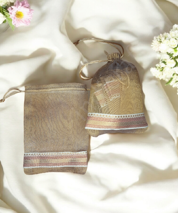 Ethnic Zari Border Organza Pouch Potli, Set of 5 Decorative Gift Bags Assorted Color