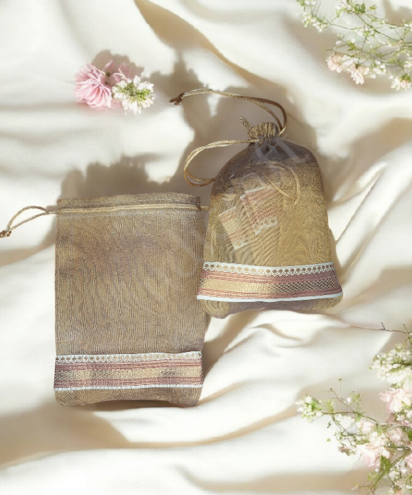 Ethnic Zari Border Organza Pouch Potli, Set of 5 Decorative Gift Bags Assorted Color