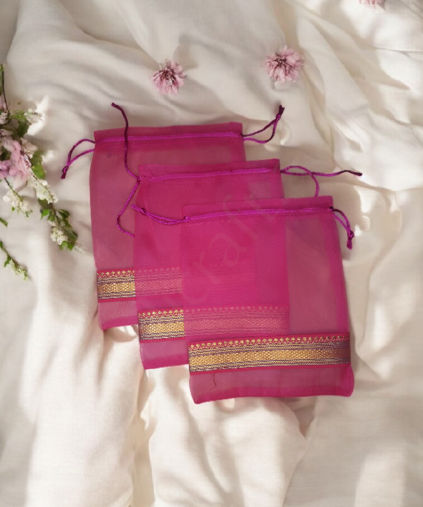 Ethnic Zari Border Organza Pouch Potli, Set of 5 Decorative Gift Bags Assorted Color