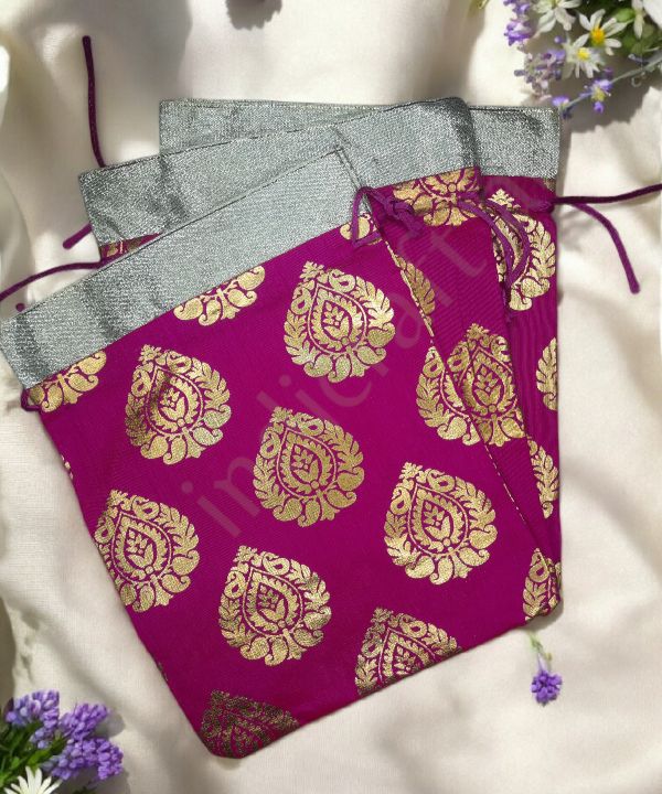 Golden Leaf Colorful Potli Pouches,Gift Bag, 5pc Pack Assorted Color