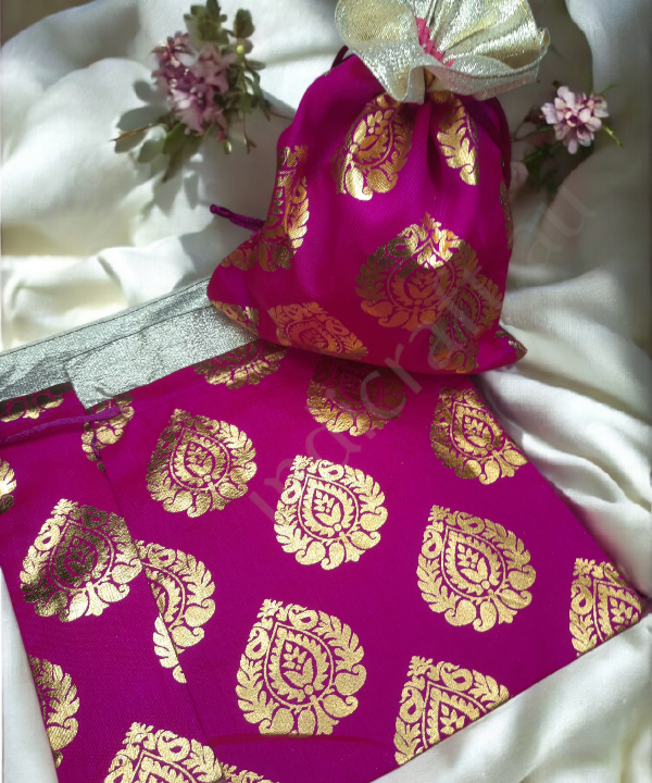 Golden Leaf Colorful Potli Pouches,Gift Bag, 5pc Pack Assorted Color