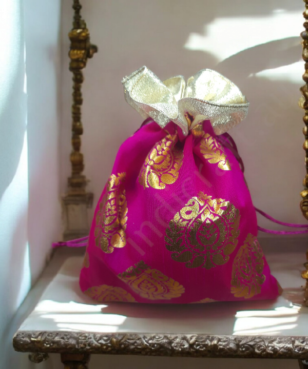 Golden Leaf Colorful Potli Pouches,Gift Bag, 5pc Pack Assorted Color