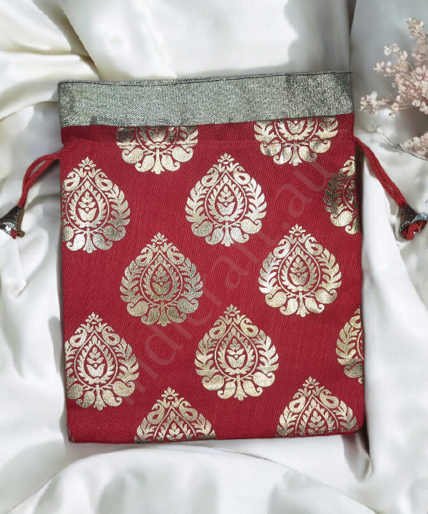Golden Leaf Colorful Potli Pouches,Gift Bag, 5pc Pack Assorted Color