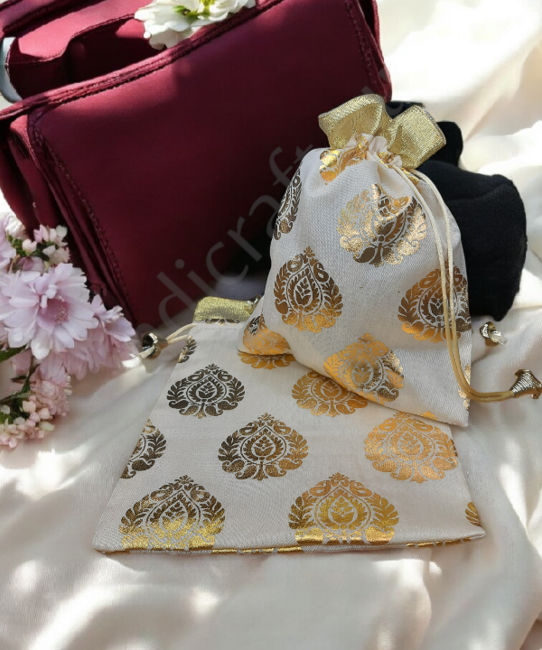 Golden Leaf Colorful Potli Pouches,Gift Bag, 5pc Pack Assorted Color