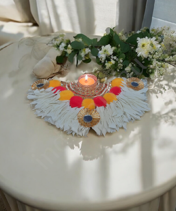 Semicircle Multicolor Rangoli Mat with Tealight Holders, Decorative Festival Step Decor 1Pair