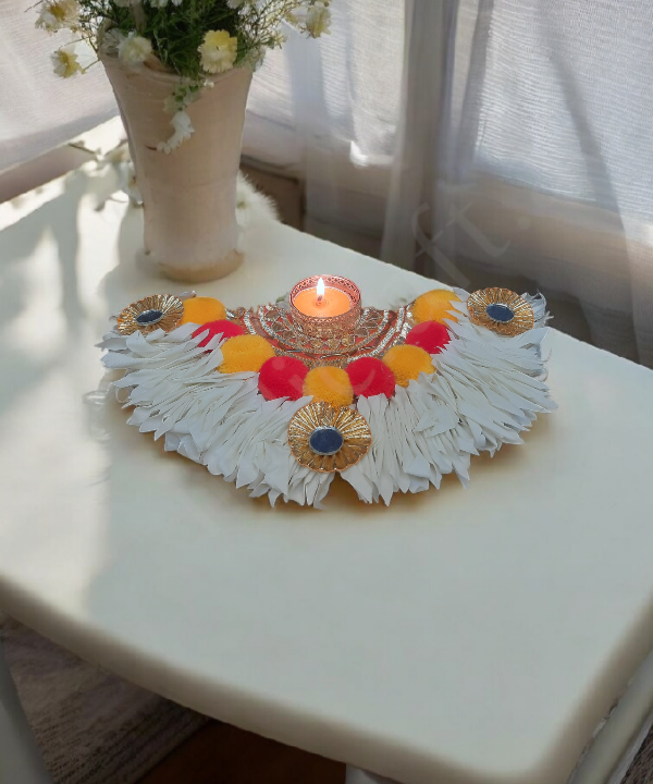 Semicircle Multicolor Rangoli Mat with Tealight Holders, Decorative Festival Step Decor 1Pair