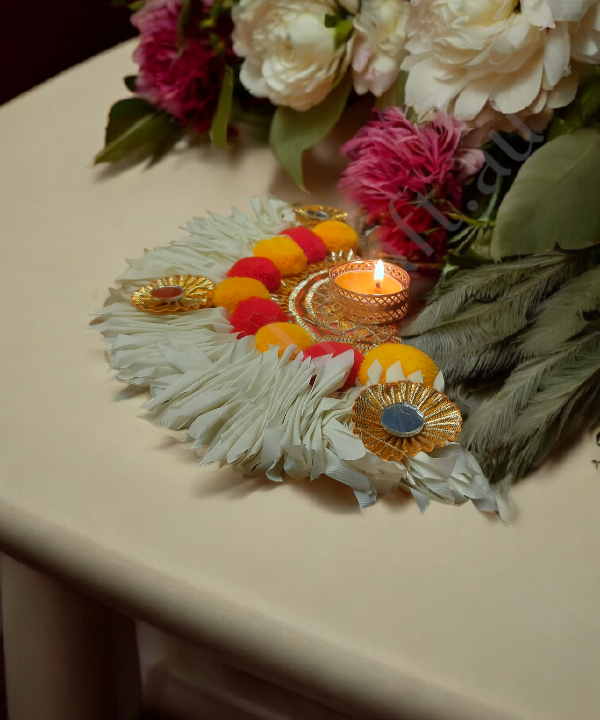 Semicircle Multicolor Rangoli Mat with Tealight Holders, Decorative Festival Step Decor 1Pair