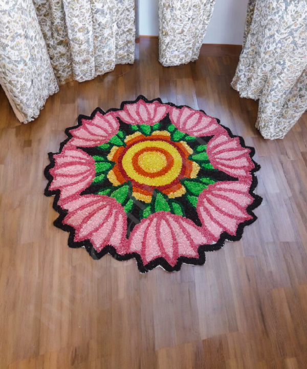 3 Feet Lotus Design Woolen Rangoli Mat – Handwoven Decorative Floor Mat for Festive Home Decor 1Pc
