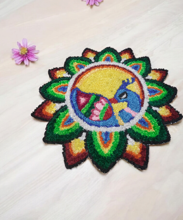 2 Feet Peacock Design Woolen Rangoli Mat, Handcrafted Floor Décor for Festivals & Pooja 1Pc