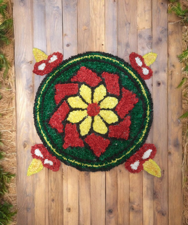 2 Feet Diya & Flower Design Woolen Rangoli Mat, Handmade Reusable Floor Décor for Diwali & Pooja 1Pc