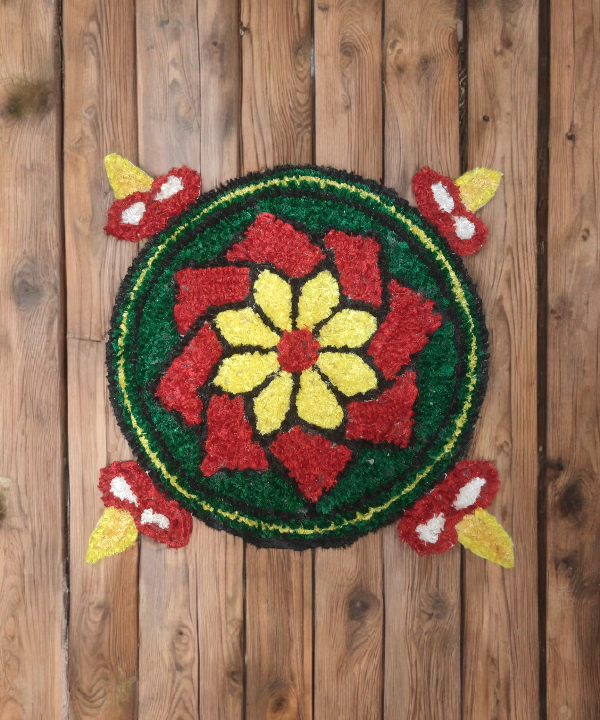 2 Feet Diya & Flower Design Woolen Rangoli Mat, Handmade Reusable Floor Décor for Diwali & Pooja 1Pc