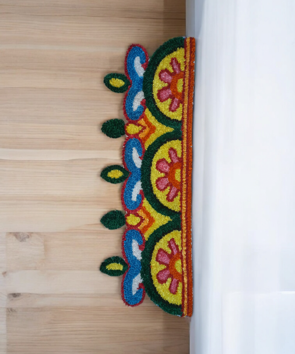 Border 86cm Length Semi-Circle Floral Rangoli Mat,Woolen Handcrafted Doorstep Decor for Festive Entrance 1pc