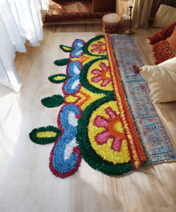 Border 86cm Length Semi-Circle Floral Rangoli Mat,Woolen Handcrafted Doorstep Decor for Festive Entrance 1pc