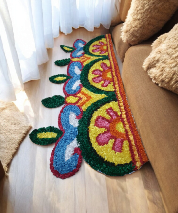 Border 86cm Length Semi-Circle Floral Rangoli Mat,Woolen Handcrafted Doorstep Decor for Festive Entrance 1pc