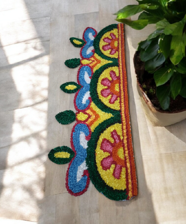 Border 86cm Length Semi-Circle Floral Rangoli Mat,Woolen Handcrafted Doorstep Decor for Festive Entrance 1pc