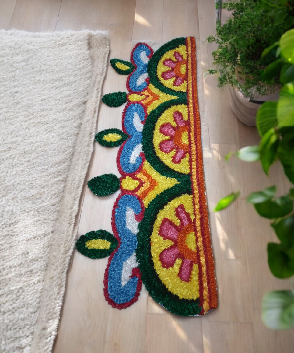 Border 86cm Length Semi-Circle Floral Rangoli Mat,Woolen Handcrafted Doorstep Decor for Festive Entrance 1pc