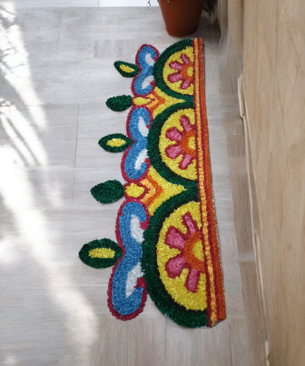 Border 86cm Length Semi-Circle Floral Rangoli Mat,Woolen Handcrafted Doorstep Decor for Festive Entrance 1pc