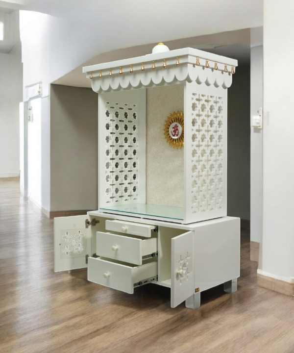 Premium White Wooden Temple with LED OM, Bell Canopy & Storage – Perfect for Home & Office. Modern Mandir for Peaceful Daily Pooja.