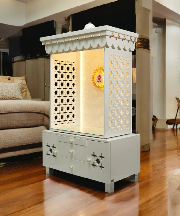 Premium White Wooden Temple with LED OM, Bell Canopy & Storage – Perfect for Home & Office. Modern Mandir for Peaceful Daily Pooja.