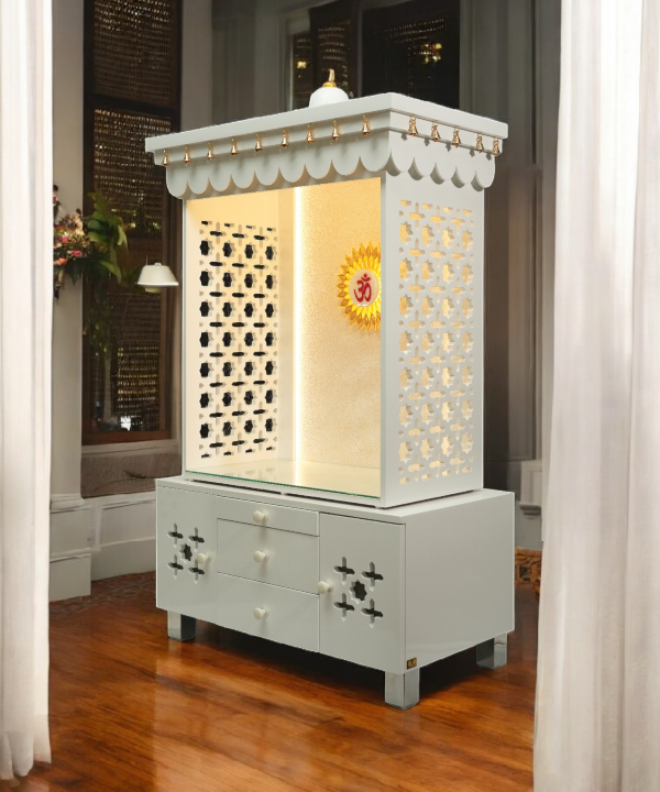 Premium White Wooden Temple with LED OM, Bell Canopy & Storage – Perfect for Home & Office. Modern Mandir for Peaceful Daily Pooja.