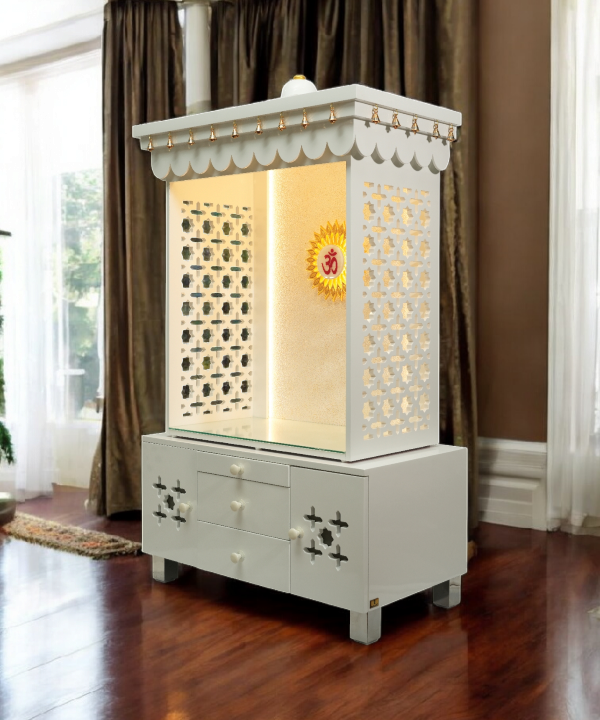 Premium White Wooden Temple with LED OM, Bell Canopy & Storage – Perfect for Home & Office. Modern Mandir for Peaceful Daily Pooja.