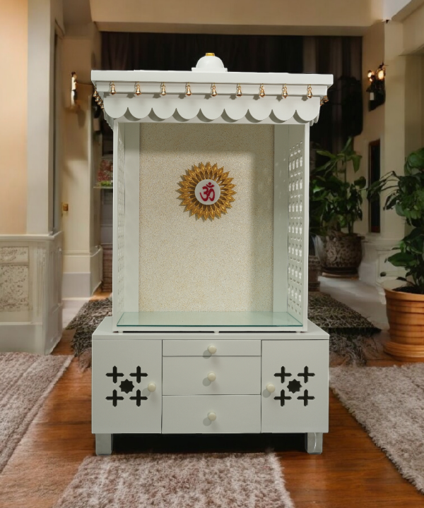 Premium White Wooden Temple with LED OM, Bell Canopy & Storage – Perfect for Home & Office. Modern Mandir for Peaceful Daily Pooja.
