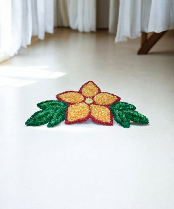 1 Feet Handmade Flower with Leaf Design Woolen Rangoli Mat – Ethnic Floor Décor for Festival & Pooja Room 1feet