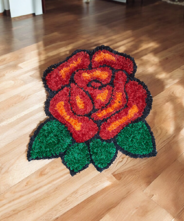 1 Feet Handmade Rose Woolen Rangoli Mat – Elegant Floral Floor Décor for Festive & Daily Use 1feet