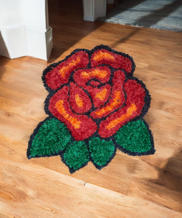 1 Feet Handmade Rose Woolen Rangoli Mat – Elegant Floral Floor Décor for Festive & Daily Use 1feet