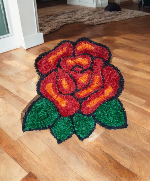 1 Feet Handmade Rose Woolen Rangoli Mat – Elegant Floral Floor Décor for Festive & Daily Use 1feet